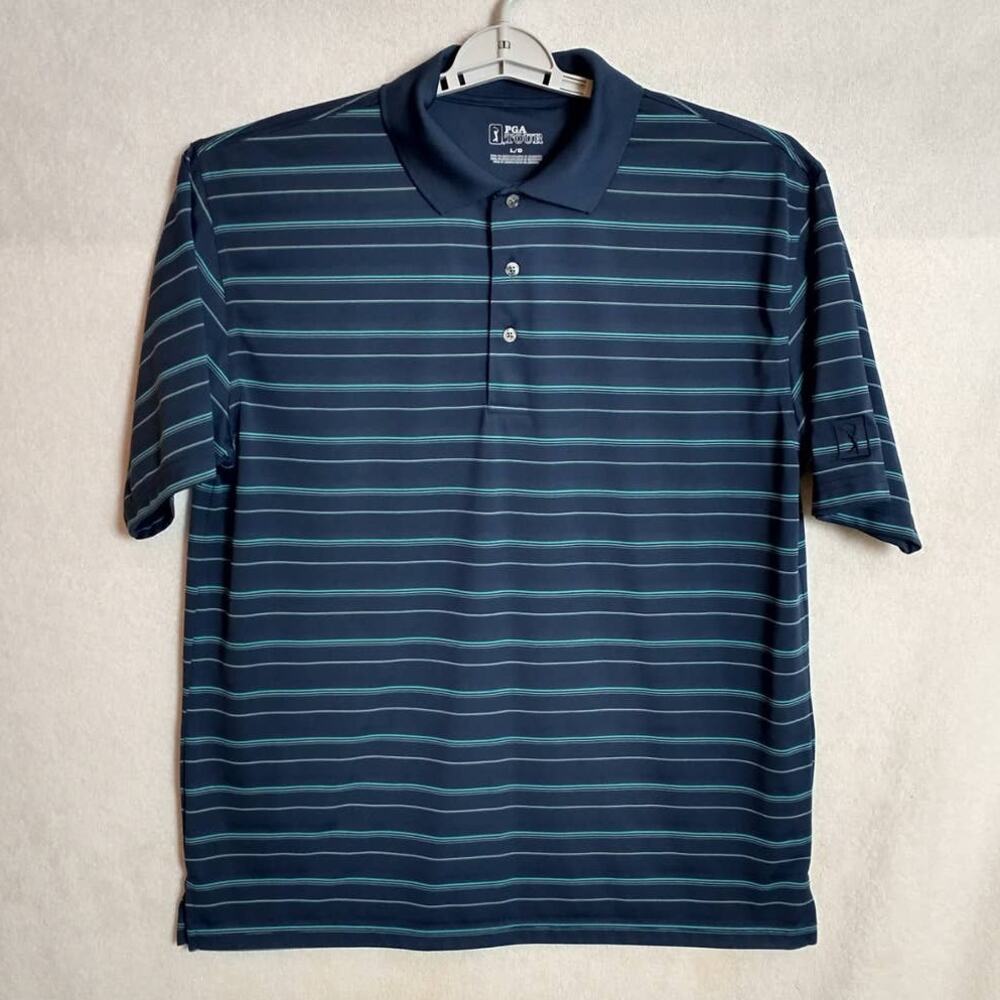 PGA Tour Mens Golf Polo Shirt L Large Blue Teal Striped Performance Short Sleeve